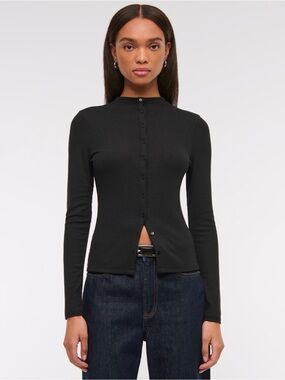 Abercrombie & Fitch Black Long-Sleeve Mock Neck Button-Through Top